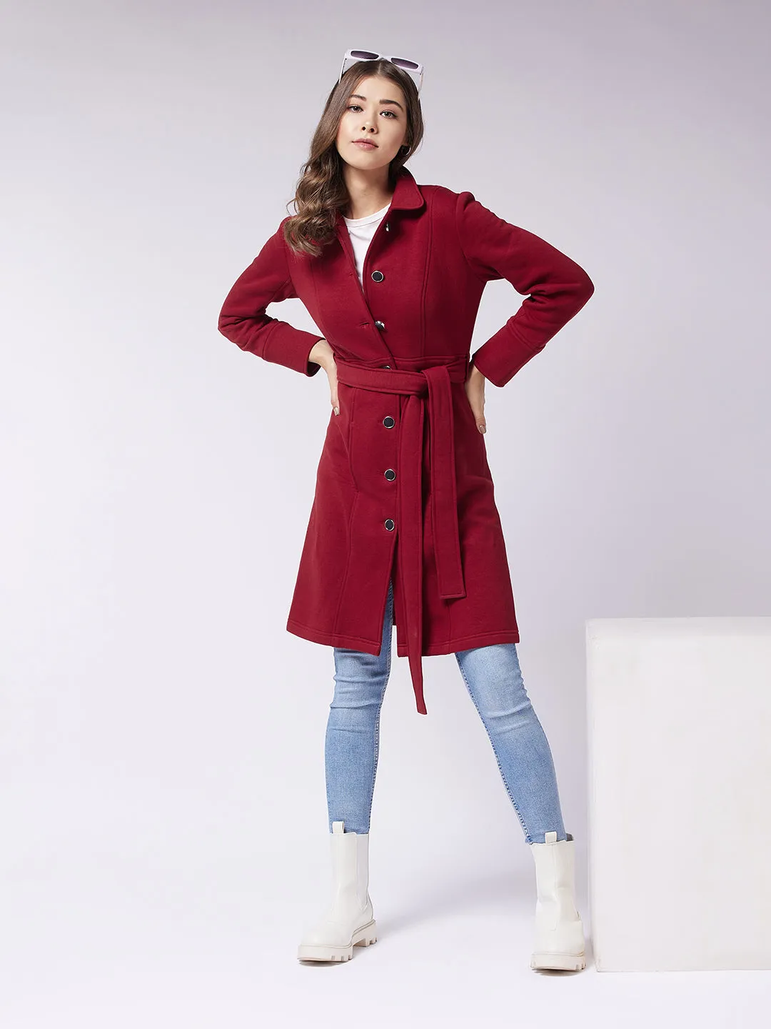 Women's Maroon Collared Full Sleeve Solid Tie-up Longline Jacket