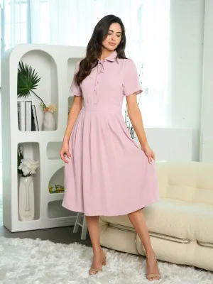 WOMEN'S SHORT SLEEVE COLLAR NECK TIE MIDI DRESS