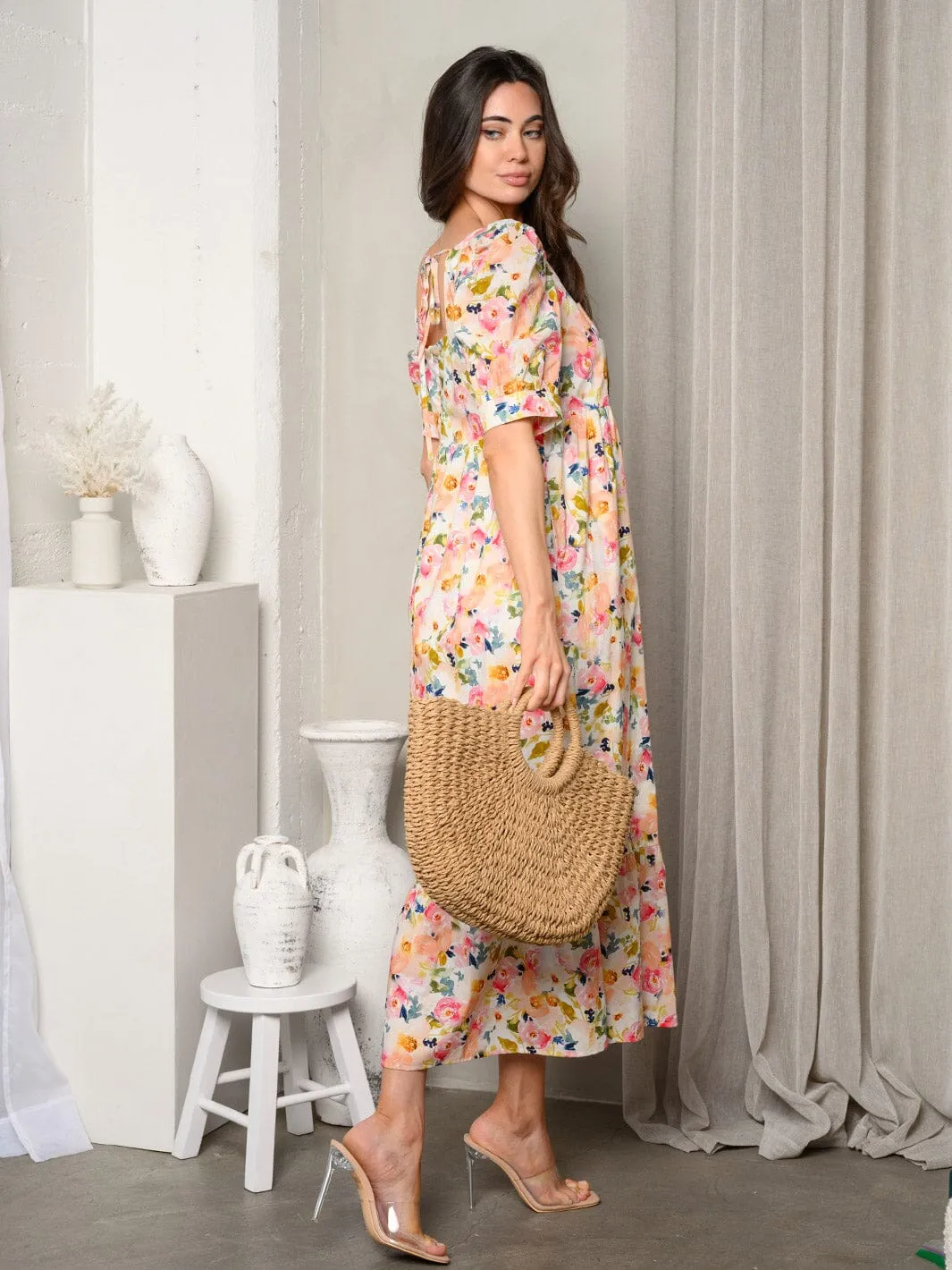 WOMEN'S SHORT SLEEVE SQUARE NECK POCKET FLORAL MIDI DRESS