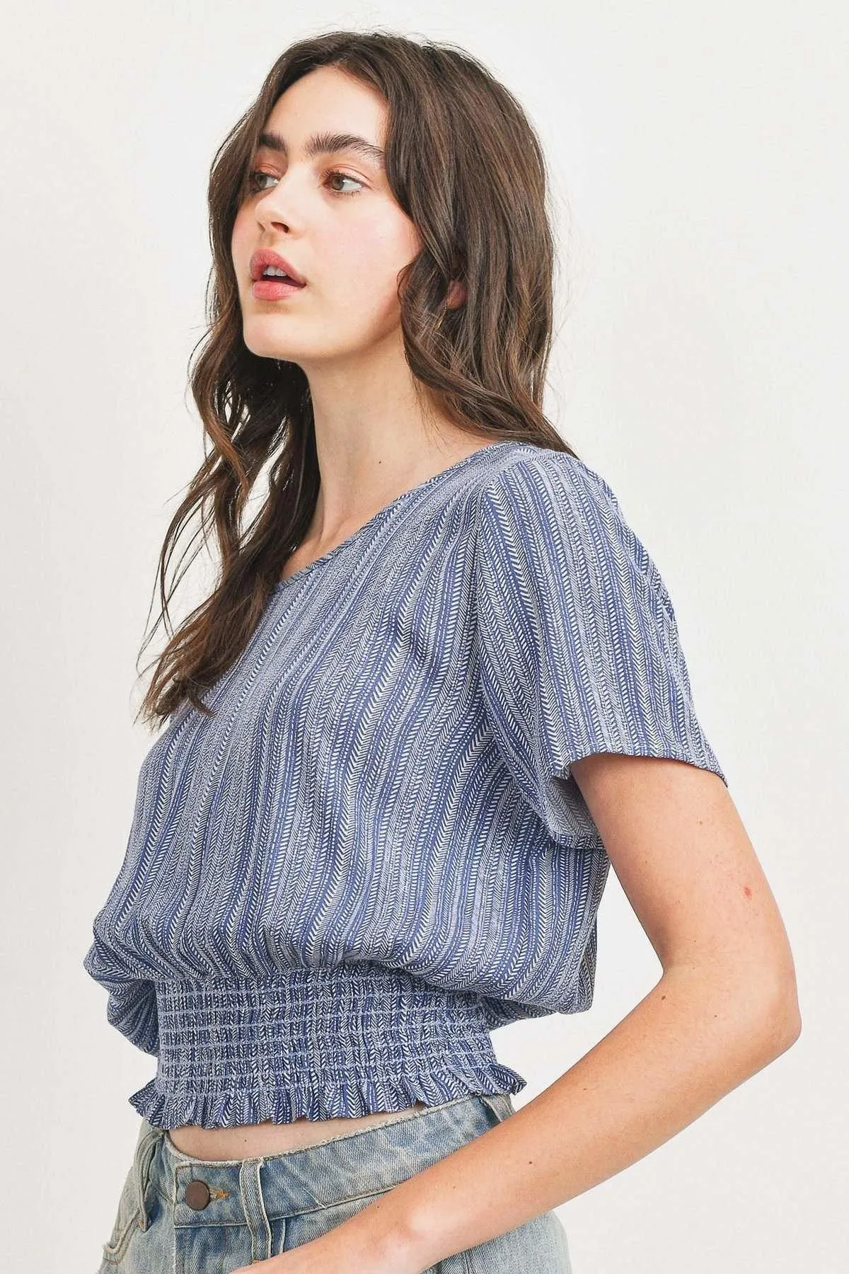 Woven Printed Crinkle Gauze Waist Smocking Short Sleeve Top