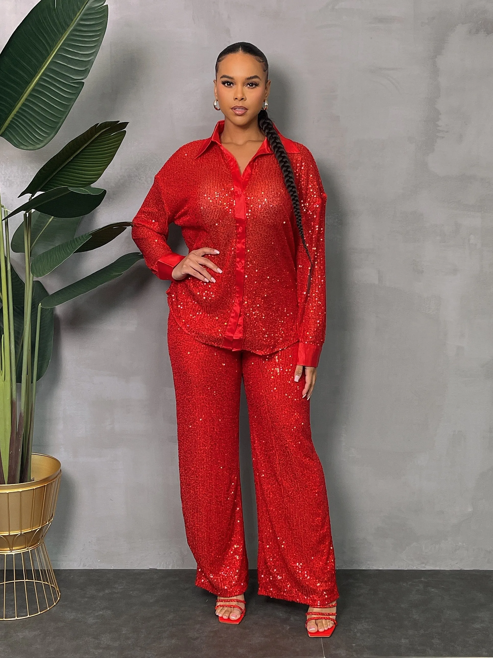 WP8519P - SEQUINED WIDE LEG SIDE ZIP PANTS