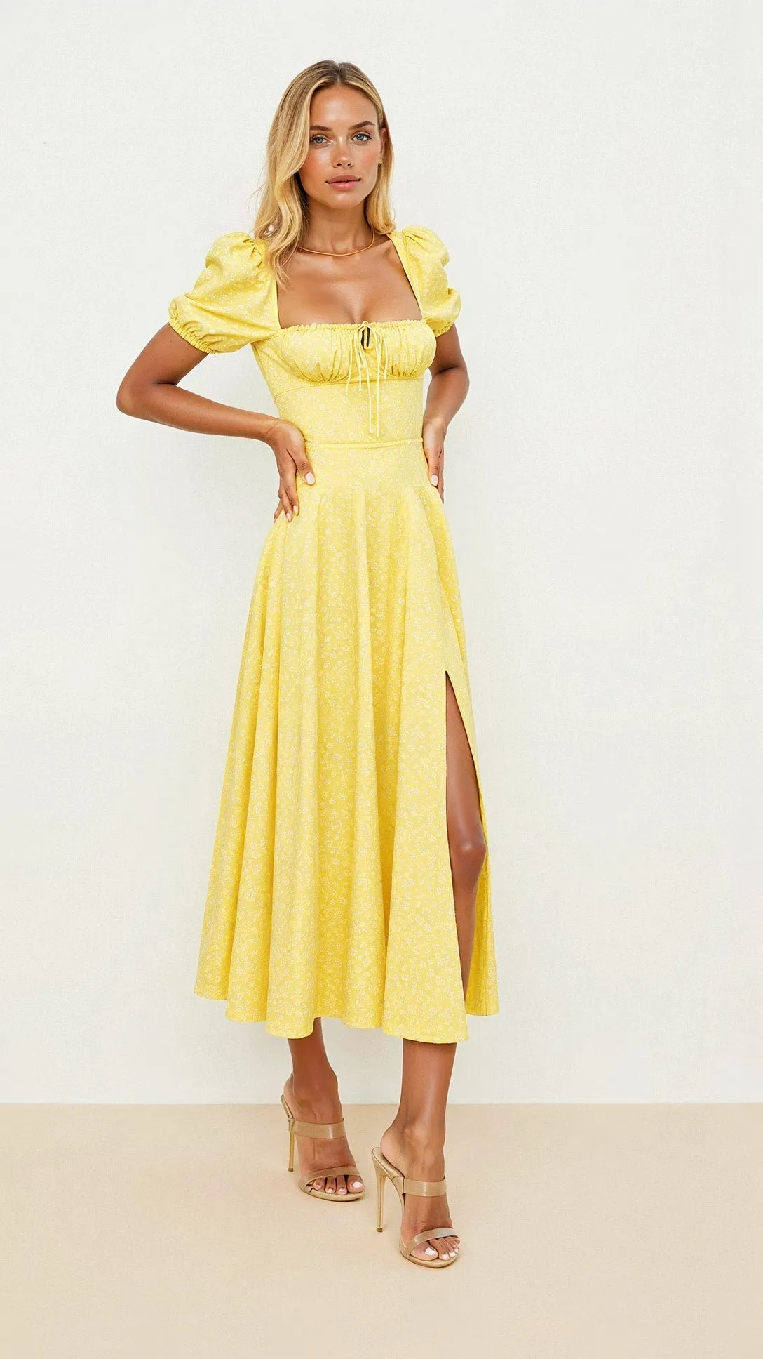 Yamina - Stylish V Neck Cut Woman's Midi Dress