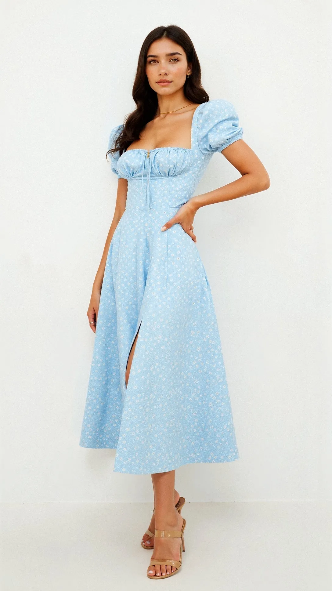 Yamina - Stylish V Neck Cut Woman's Midi Dress