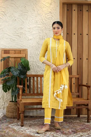 Yellow Kota Embroidered Ready To Wear Kurta Set With Pant and Dupatta