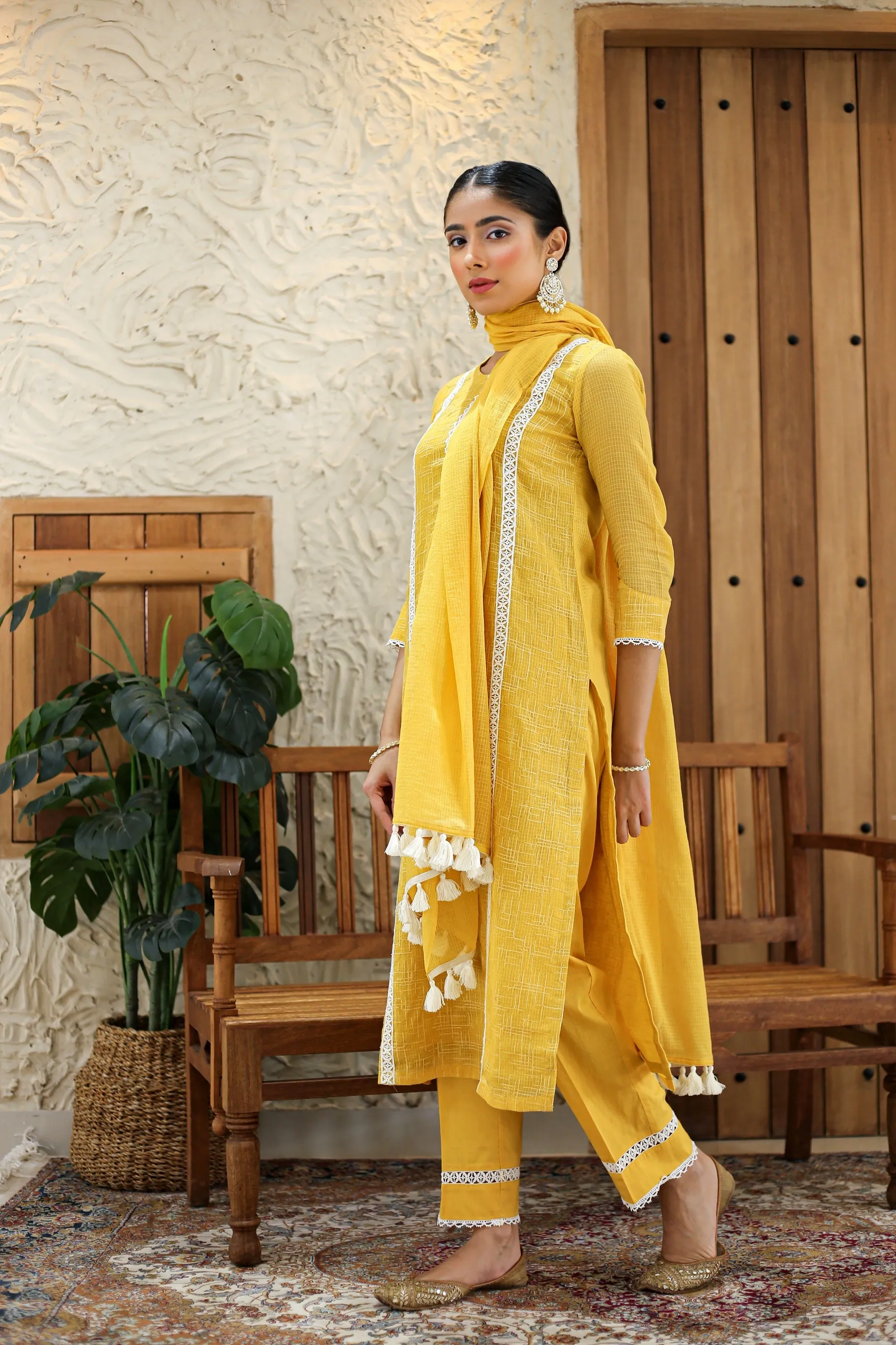 Yellow Kota Embroidered Ready To Wear Kurta Set With Pant and Dupatta