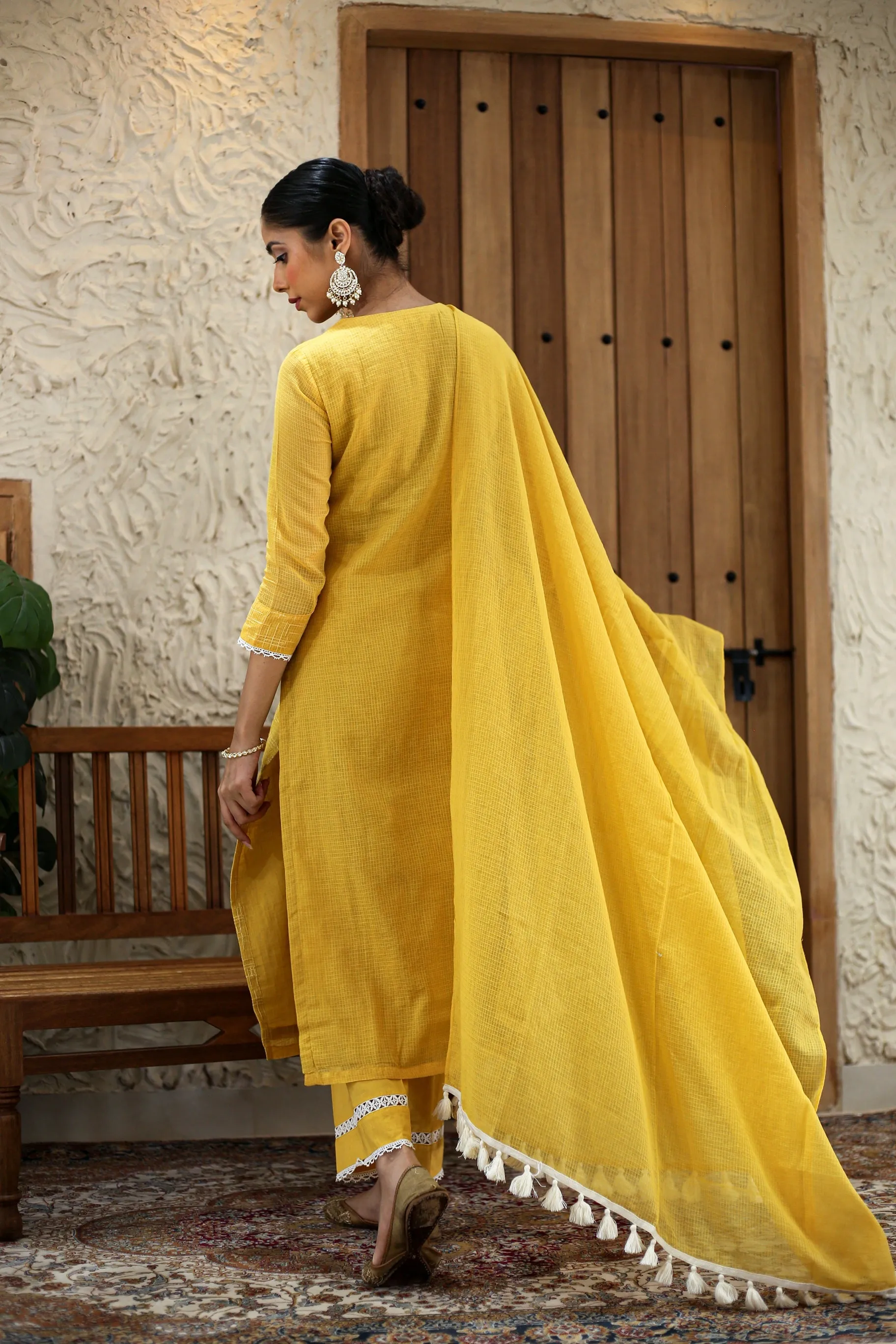 Yellow Kota Embroidered Ready To Wear Kurta Set With Pant and Dupatta