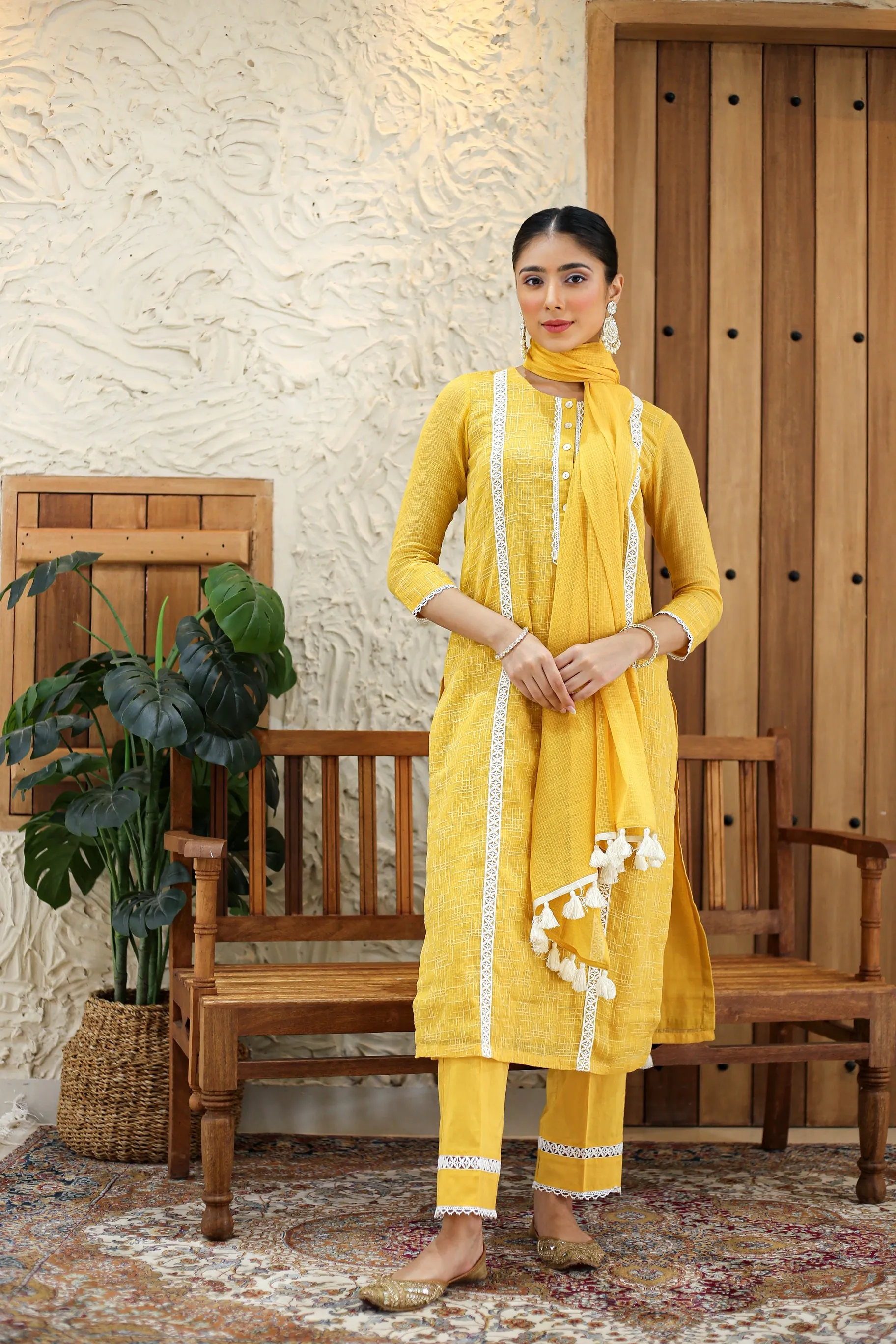 Yellow Kota Embroidered Ready To Wear Kurta Set With Pant and Dupatta