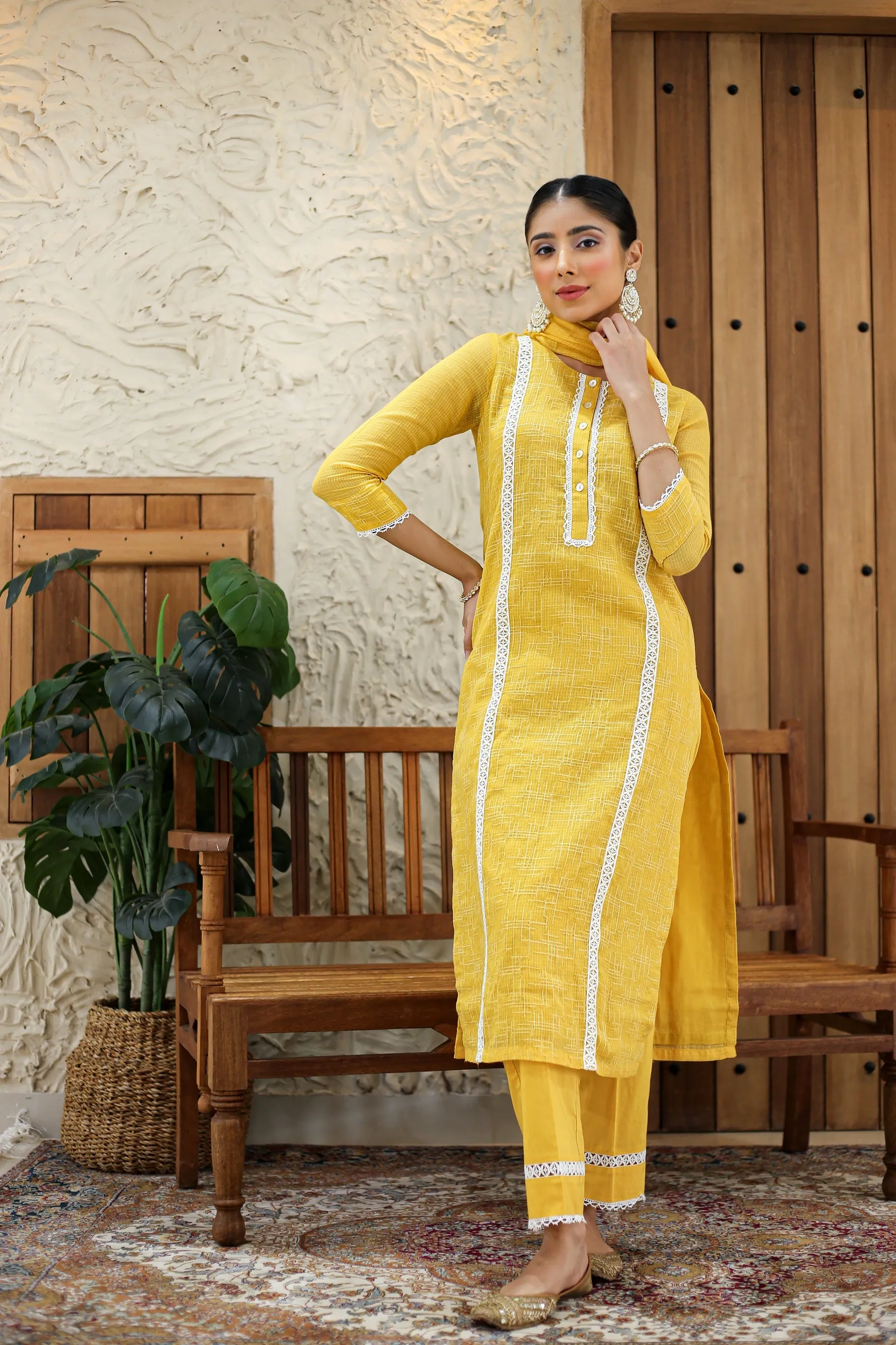 Yellow Kota Embroidered Ready To Wear Kurta Set With Pant and Dupatta