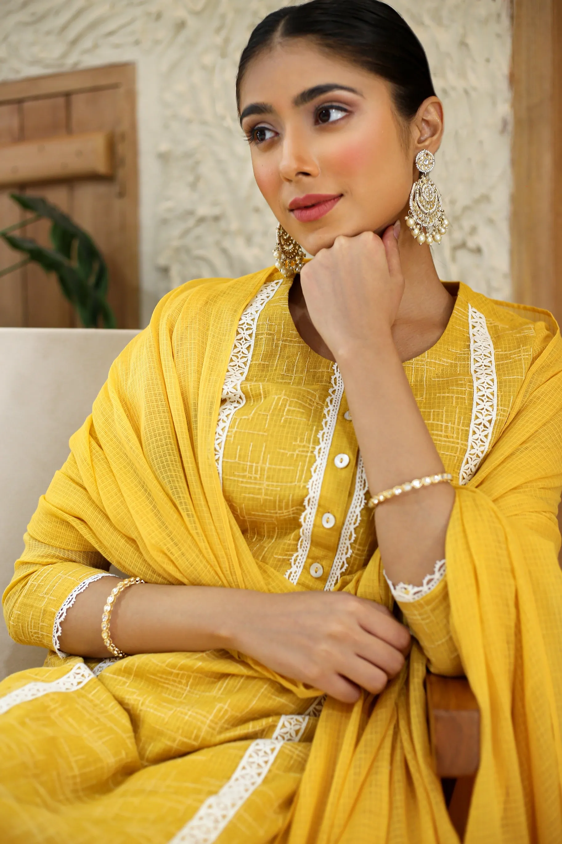 Yellow Kota Embroidered Ready To Wear Kurta Set With Pant and Dupatta