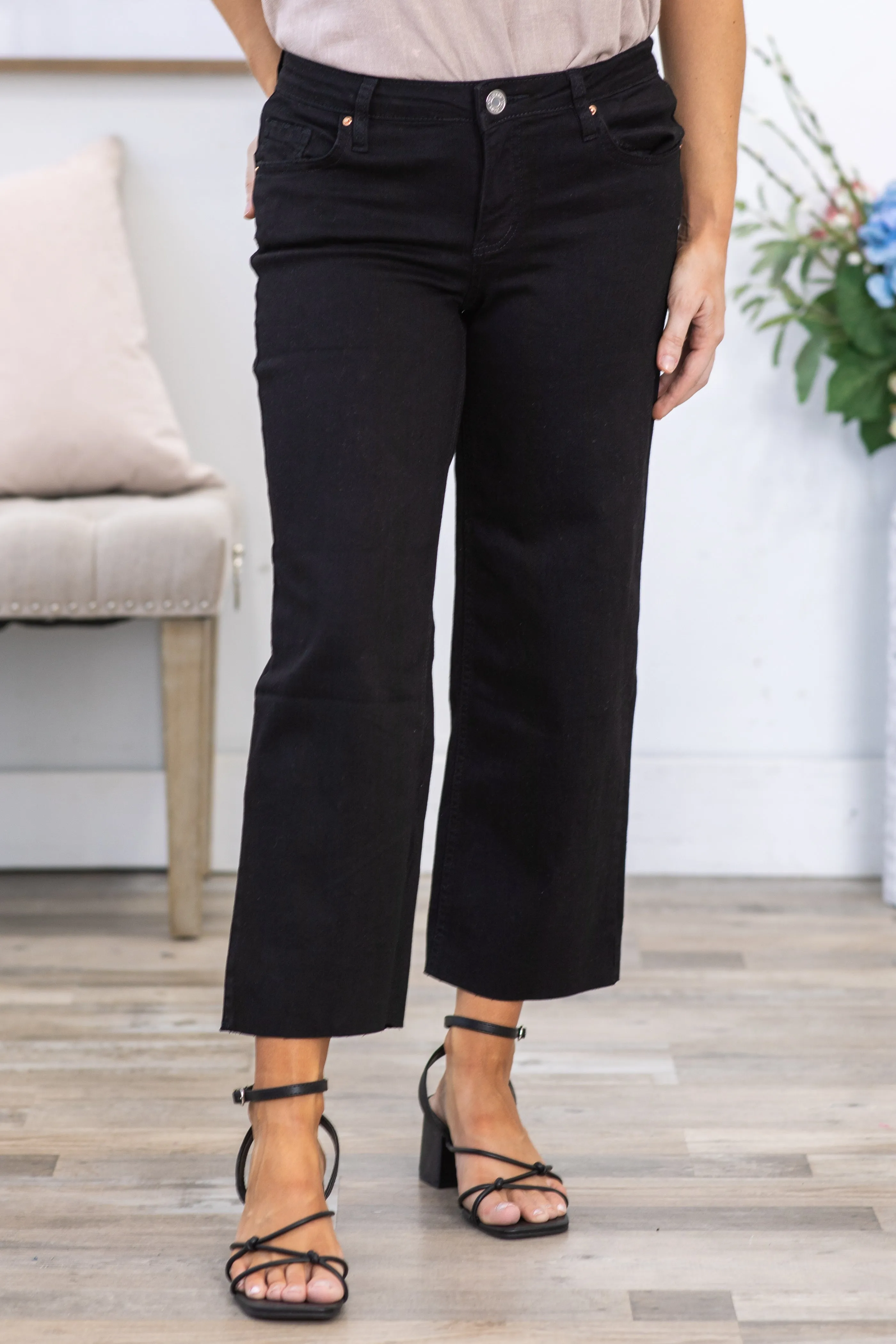 YMI Black Mid Rise Cropped Wide Leg Jean